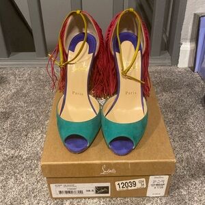 Christian Louboutin
Otrot Suede Sandal with Fringe, Mint/Multi